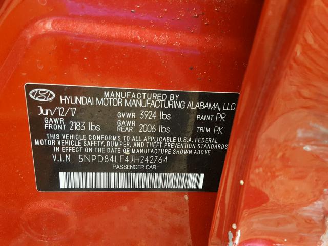 5NPD84LF4JH242764 - 2018 HYUNDAI ELANTRA SE RED photo 10