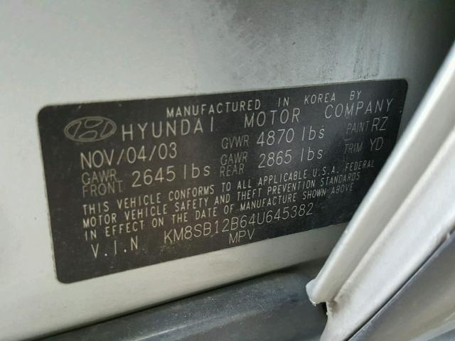 KM8SB12B64U645382 - 2004 HYUNDAI SANTA FE G SILVER photo 10