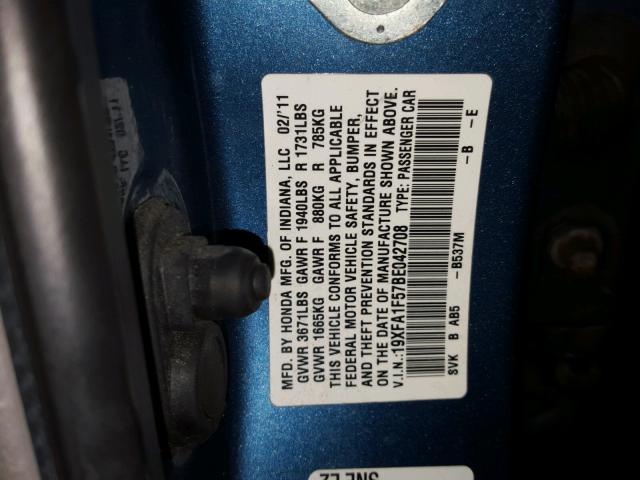 19XFA1F57BE042708 - 2011 HONDA CIVIC LX BLUE photo 10