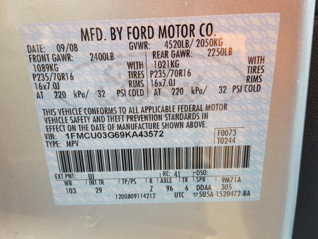 1FMCU03G69KA43572 - 2009 FORD ESCAPE XLT WHITE photo 10