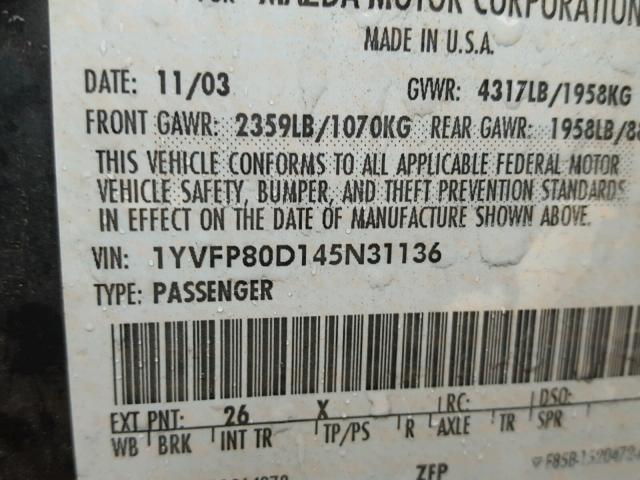 1YVFP80D145N31136 - 2004 MAZDA 6 S GRAY photo 10