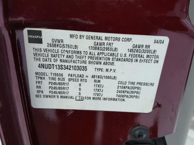 4NUDT13S342103035 - 2004 ISUZU ASCENDER S 栗色 照片 10