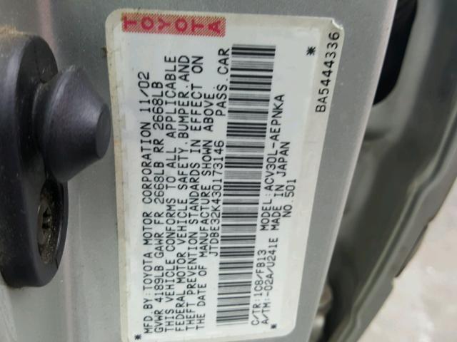 JTDBE32K430173146 - 2003 TOYOTA CAMRY LE SILVER photo 10