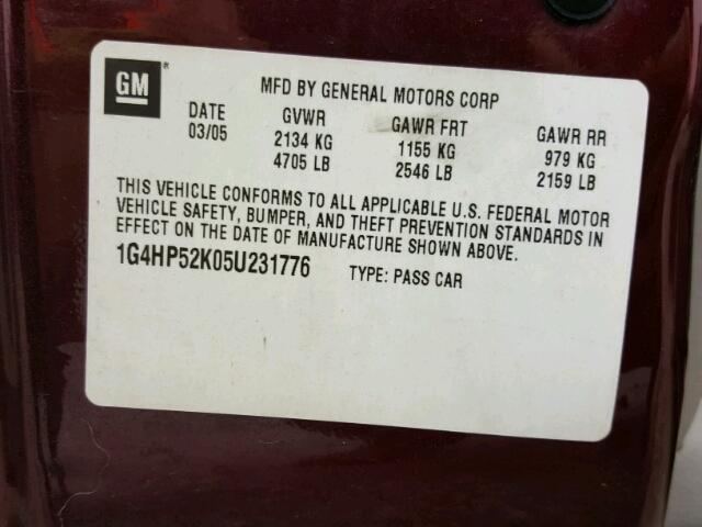 1G4HP52K05U231776 - 2005 BUICK LESABRE CU BURGUNDY photo 10