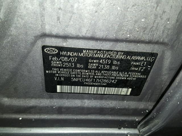 5NPEU46F17H286242 - 2007 HYUNDAI SONATA SE GRAY photo 10