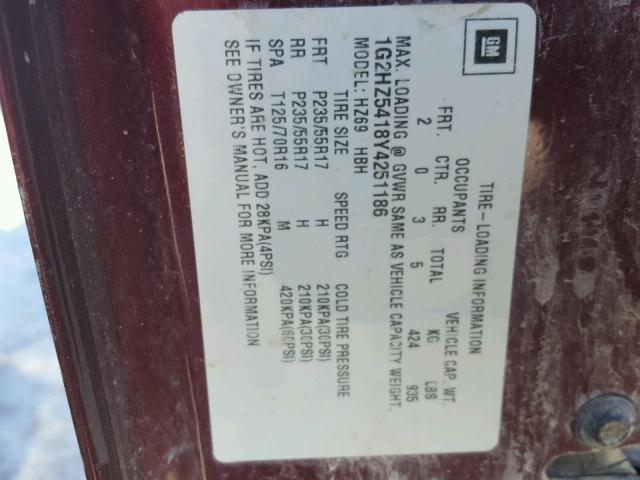 1G2HZ5418Y4251186 - 2000 PONTIAC BONNEVILLE MAROON photo 10