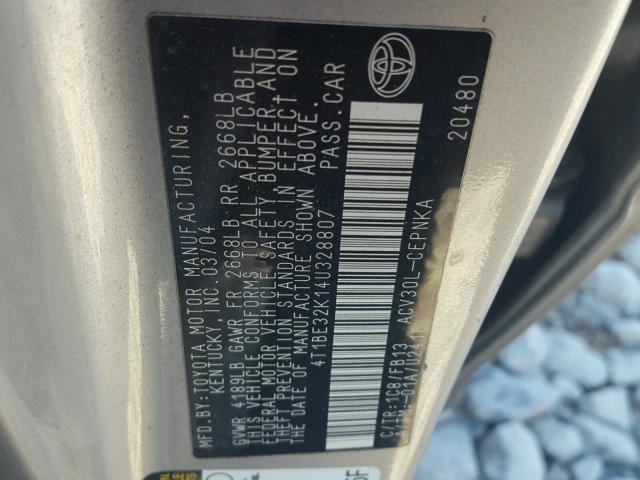 4T1BE32K14U328807 - 2004 TOYOTA CAMRY LE SILVER photo 10