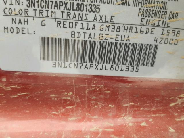 3N1CN7APXJL801335 - 2018 NISSAN VERSA S RED photo 10