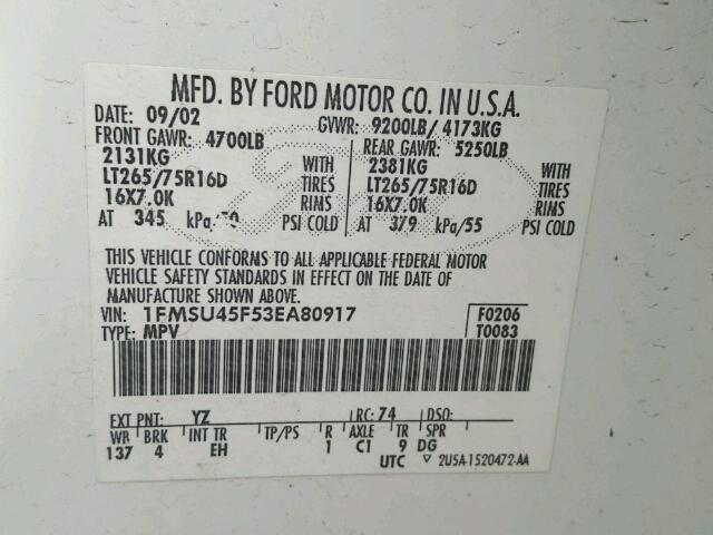 1FMSU45F53EA80917 - 2003 FORD EXCURSION WHITE photo 10