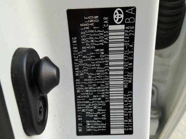 5YFBPRHE6FP334802 - 2015 TOYOTA COROLLA EC 白色 照片 10