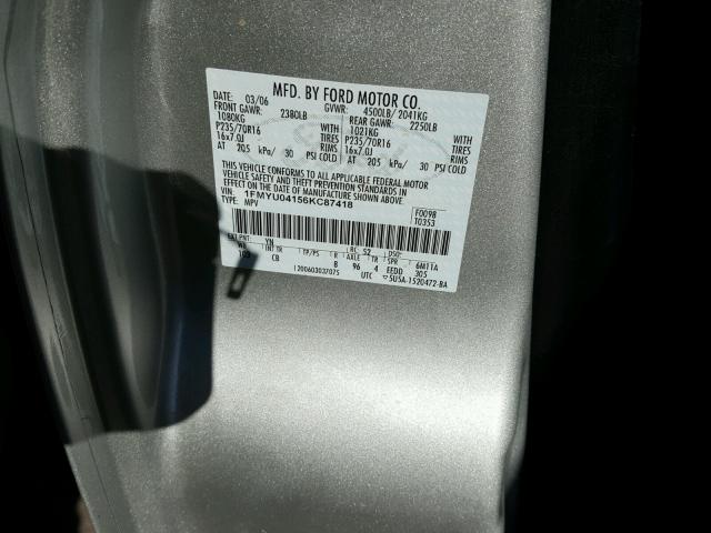 1FMYU04156KC87418 - 2006 FORD ESCAPE LIM SILVER photo 10