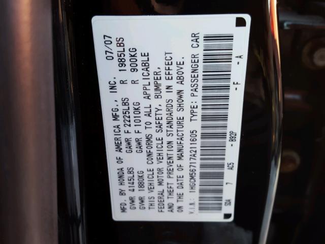 1HGCM56717A211605 - 2007 HONDA ACCORD EX BLACK photo 10