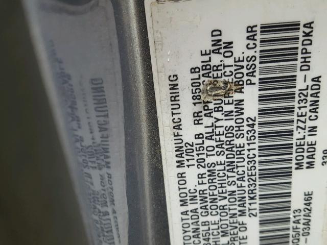 2T1KR32E53C115342 - 2003 TOYOTA COROLLA MA GRAY photo 10