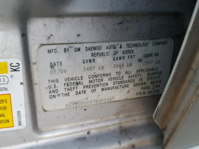 KL1TD56697B062447 - 2007 CHEVROLET AVEO BASE Күміс фото 10