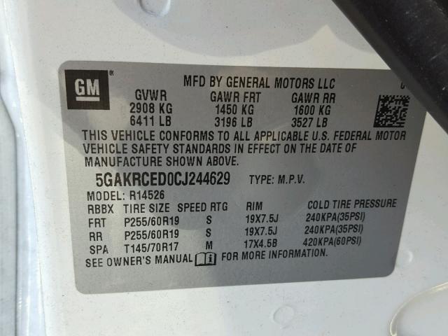 5GAKRCED0CJ244629 - 2012 BUICK ENCLAVE WHITE photo 10