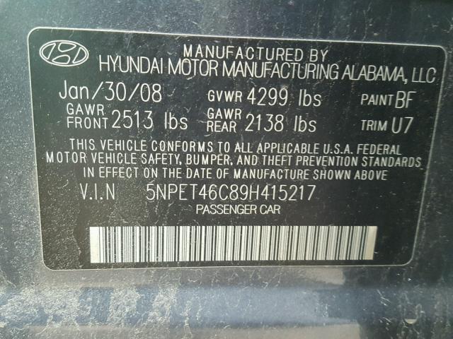 5NPET46C89H415217 - 2009 HYUNDAI SONATA GLS GRAY photo 10