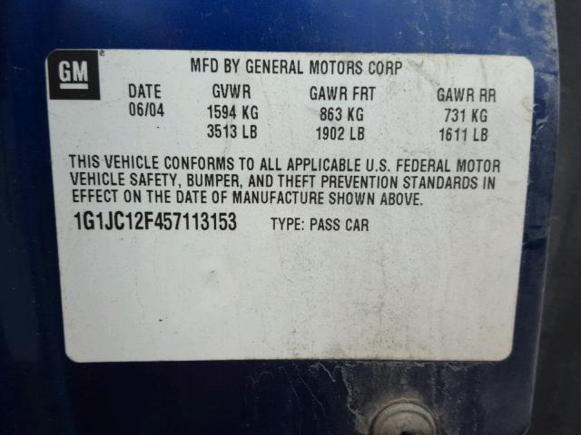 1G1JC12F457113153 - 2005 CHEVROLET CAVALIER BLUE photo 10