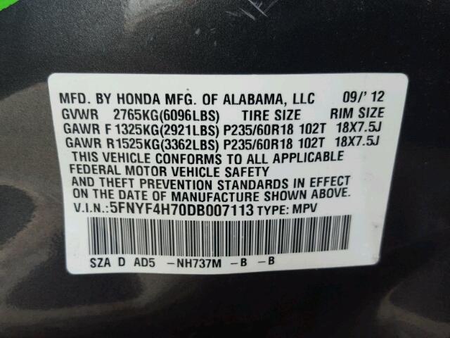 5FNYF4H70DB007113 - 2013 HONDA PILOT EXLN GRAY photo 10