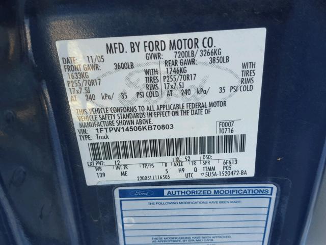 1FTPW14506KB70803 - 2006 FORD F150 SUPER BLUE photo 10