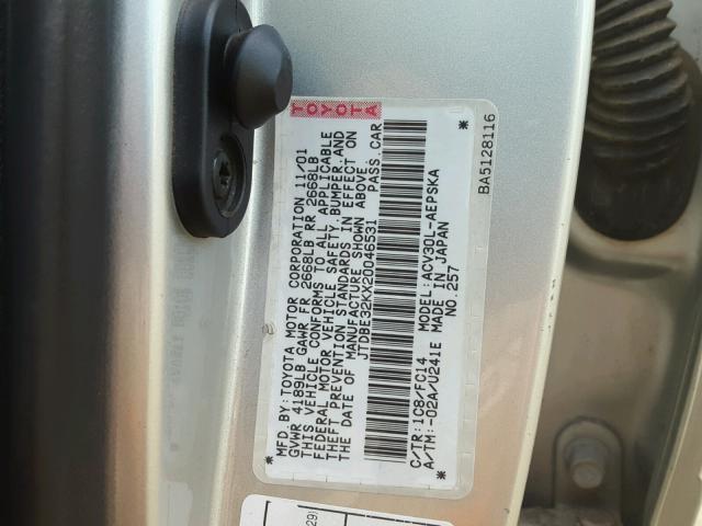 JTDBE32KX20046531 - 2002 TOYOTA CAMRY LE SILVER photo 10