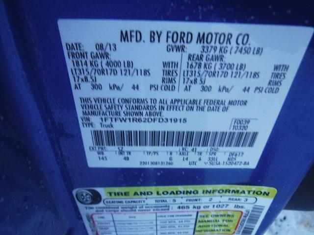 1FTFW1R62DFD31915 - 2013 FORD F150 SVT R BLUE photo 10