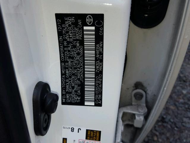 JTDKN3DUXD5576860 - 2013 TOYOTA PRIUS WHITE photo 10