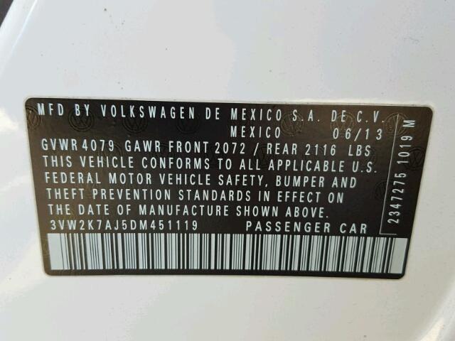 3VW2K7AJ5DM451119 - 2013 VOLKSWAGEN JETTA BASE 白色 照片 10