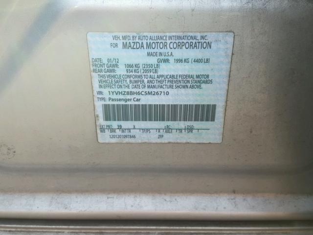 1YVHZ8BH6C5M26710 - 2012 MAZDA 6 I Plata foto 10