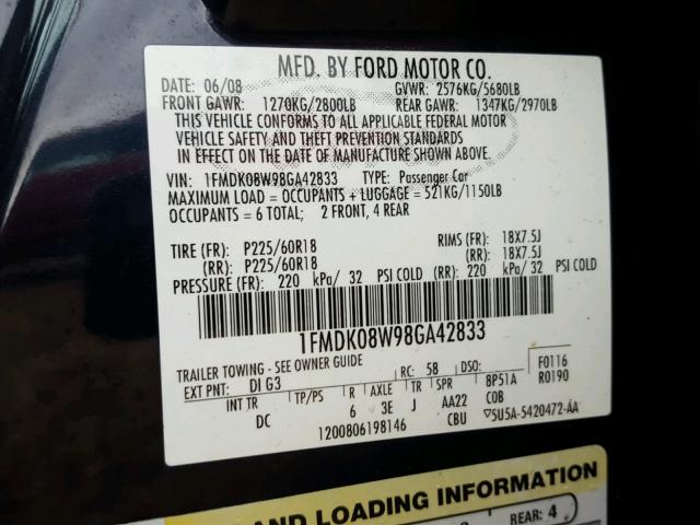 1FMDK08W98GA42833 - 2008 FORD TAURUS X E BLACK photo 10