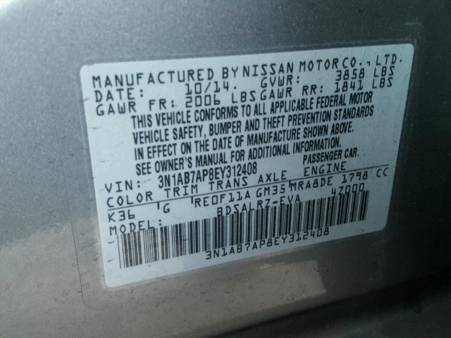 3N1AB7AP8EY312408 - 2014 NISSAN SENTRA S GRAY photo 10