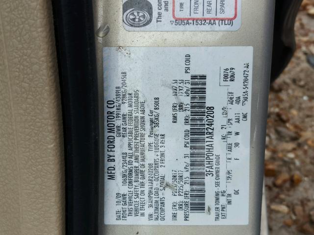 3FAHP0HA1AR240208 - 2010 FORD FUSION SE BEIGE photo 10