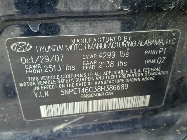 5NPET46C38H386689 - 2008 HYUNDAI SONATA GLS BLUE photo 10