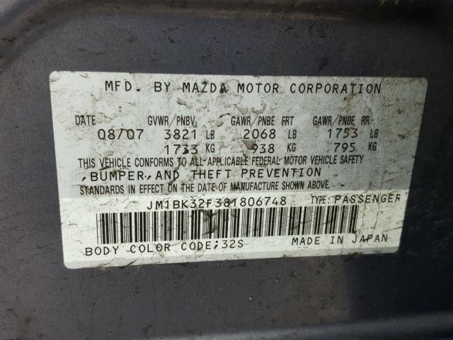 JM1BK32F381806748 - 2008 MAZDA 3 I GRAY photo 10