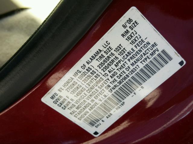 5FNRL38296B128317 - 2006 HONDA ODYSSEY LX RED photo 10