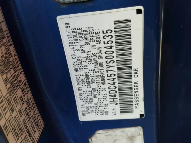 JH4DC4457YS004535 - 2000 ACURA INTEGRA LS BLUE photo 10