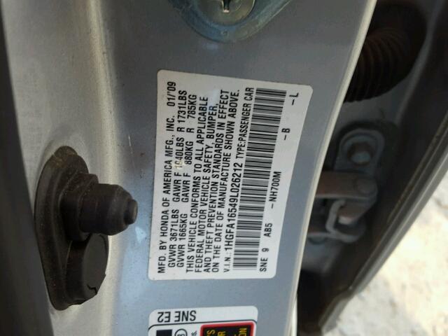 1HGFA16549L026212 - 2009 HONDA CIVIC LX SILVER photo 10