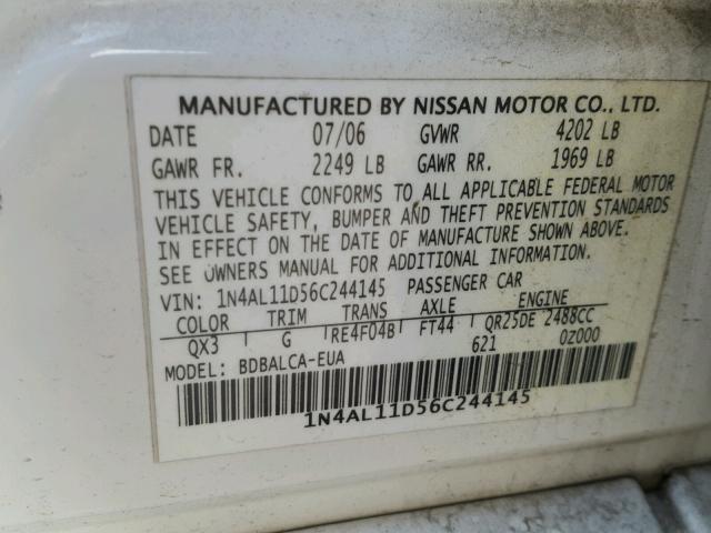 1N4AL11D56C244145 - 2006 NISSAN ALTIMA S WHITE photo 10