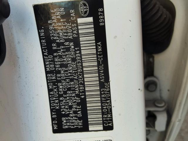 4T1BF3EK7BU639941 - 2011 TOYOTA CAMRY BASE WHITE photo 10