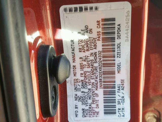 1NXBR32EX8Z024332 - 2008 TOYOTA COROLLA CE RED photo 10