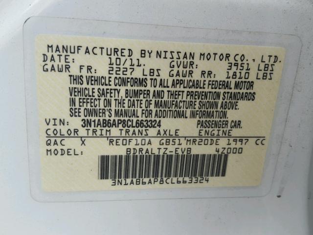 3N1AB6AP8CL663324 - 2012 NISSAN SENTRA 2.0 WHITE photo 10