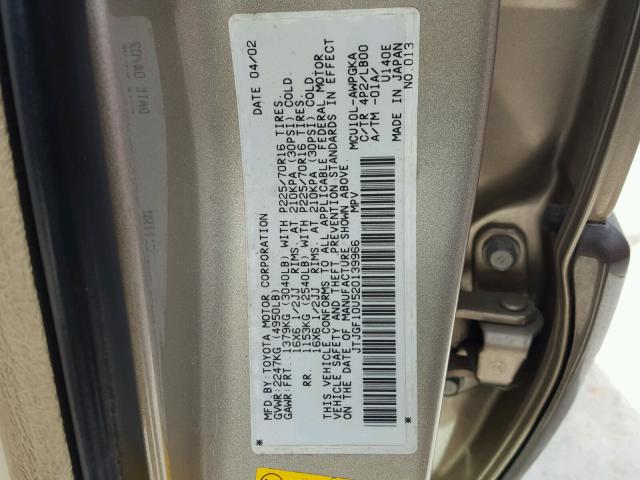 JTJGF10U520139966 - 2002 LEXUS RX 300 TAN photo 10