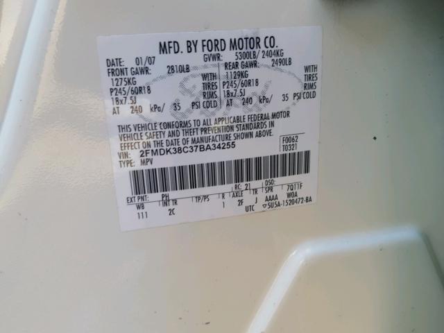 2FMDK38C37BA34255 - 2007 FORD EDGE SEL CREAM photo 10