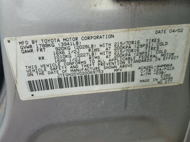 JTEGH20V020069753 - 2002 TOYOTA RAV4 SILVER photo 10