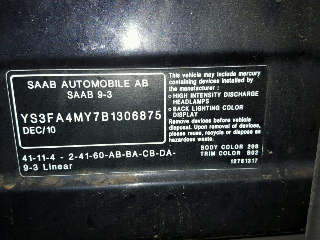 YS3FA4MY7B1306875 - 2011 SAAB 9-3 2.0T BLACK photo 10