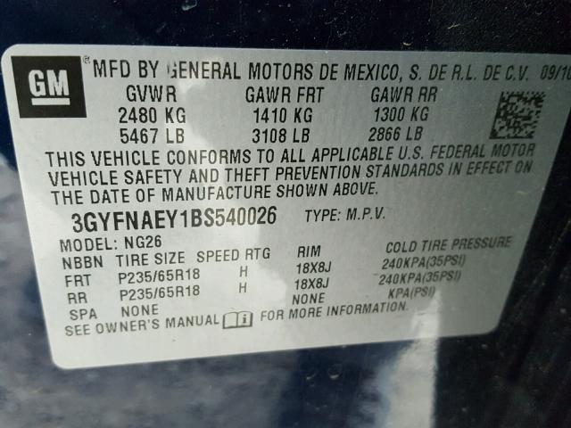 3GYFNAEY1BS540026 - 2011 CADILLAC SRX LUXURY BLUE photo 10