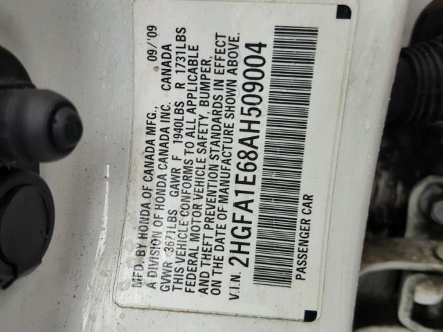 2HGFA1E68AH509004 - 2010 HONDA CIVIC WHITE photo 10