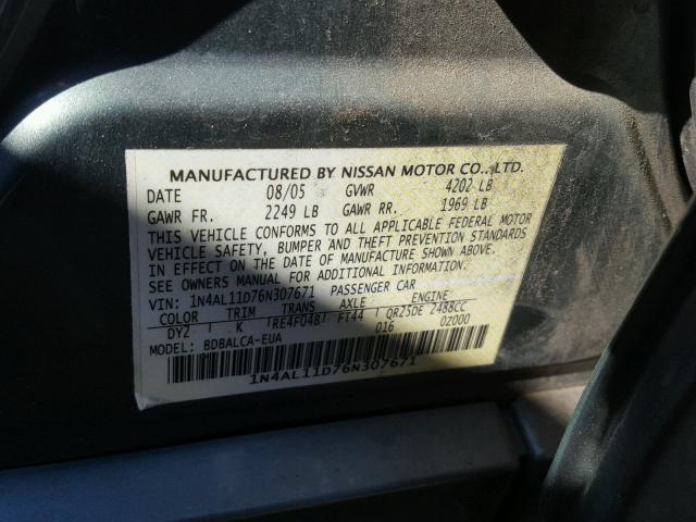 1N4AL11D76N307671 - 2006 NISSAN ALTIMA S GREEN photo 10