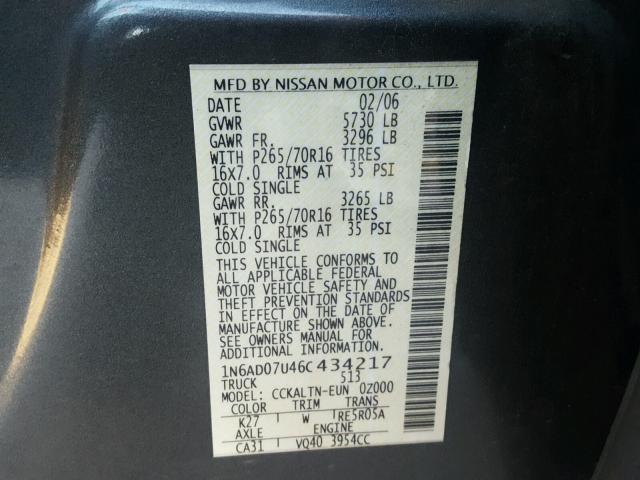 1N6AD07U46C434217 - 2006 NISSAN FRONTIER C GRAY photo 10