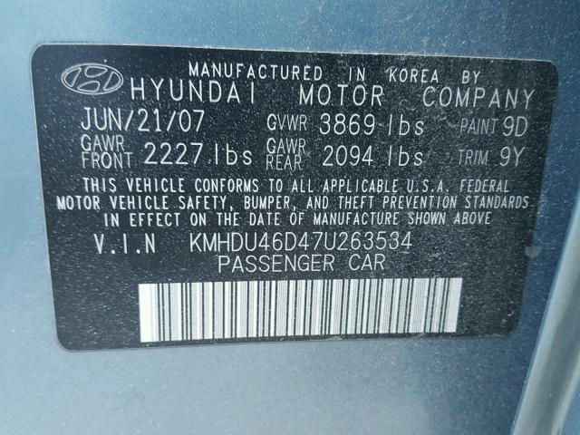 KMHDU46D47U263534 - 2007 HYUNDAI ELANTRA GL BLUE photo 10