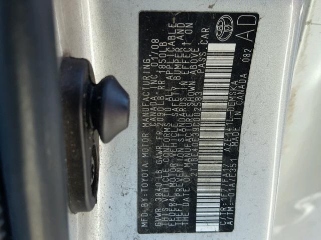 2T1BE40E39C002583 - 2009 TOYOTA COROLLA XR SILVER photo 10